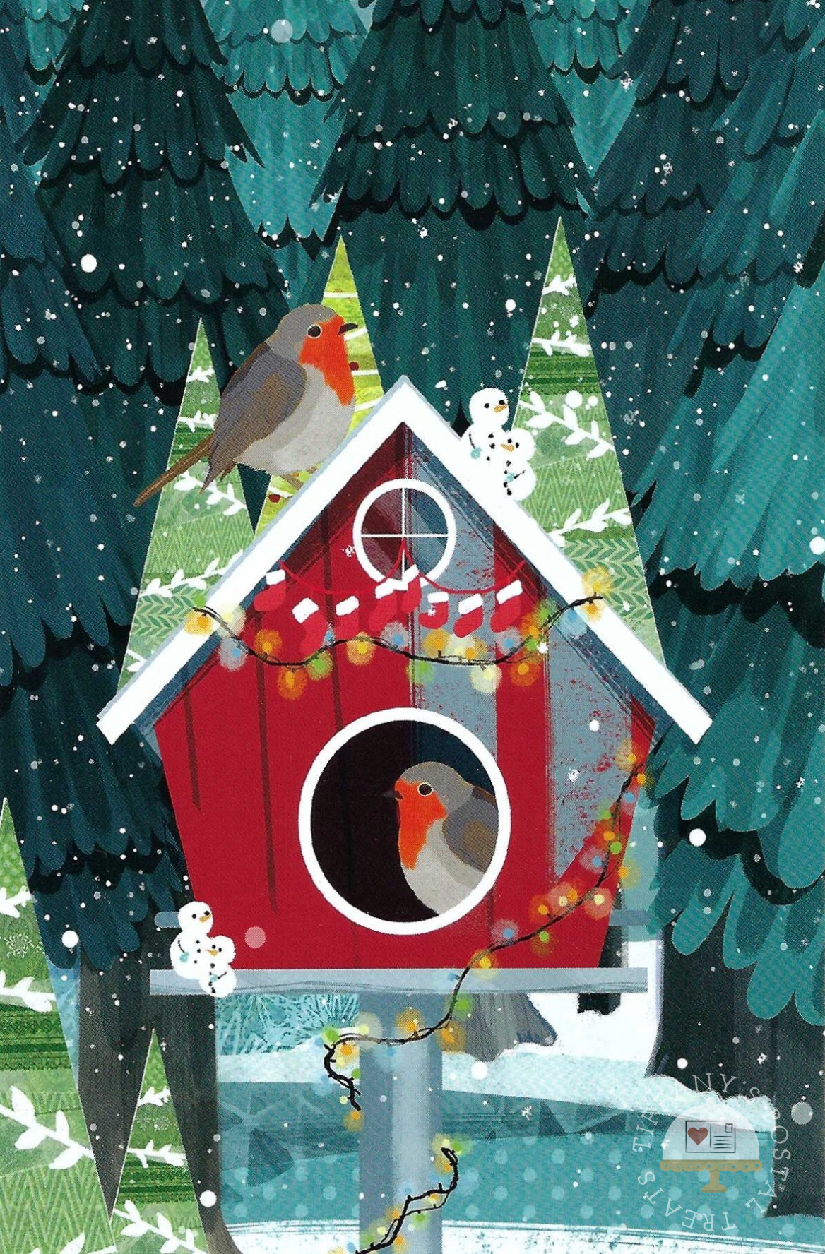 Robin Birdhouse Postcard by Katherine Blower featuring a red birdhouse with a white-trimmed roof, decorated with string lights and snowman accents, set among dark teal evergreen trees with robins visible.