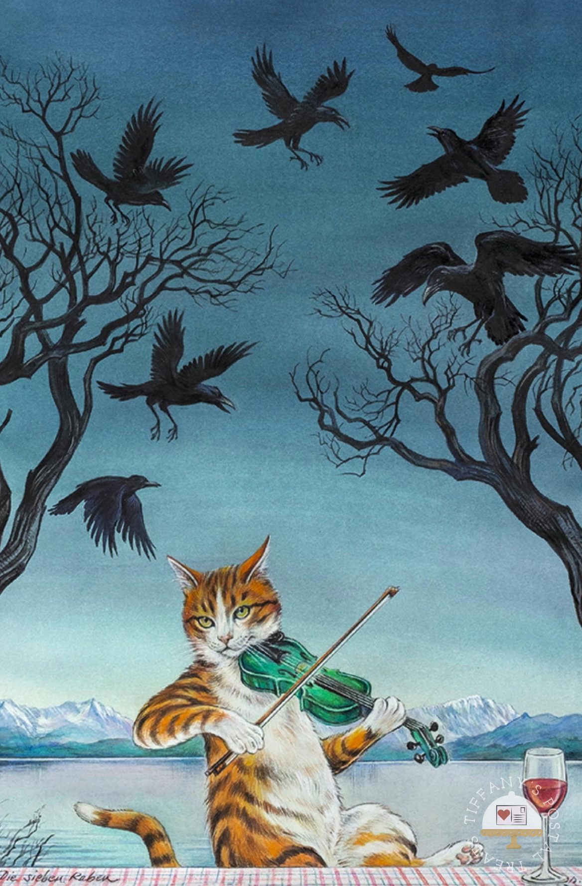 Seven Ravens Postcard by Inkognito featuring an orange-and-white cat playing a green violin on a picnic blanket, with bare trees, flying ravens, distant mountains, and a glass of red wine in the scene.