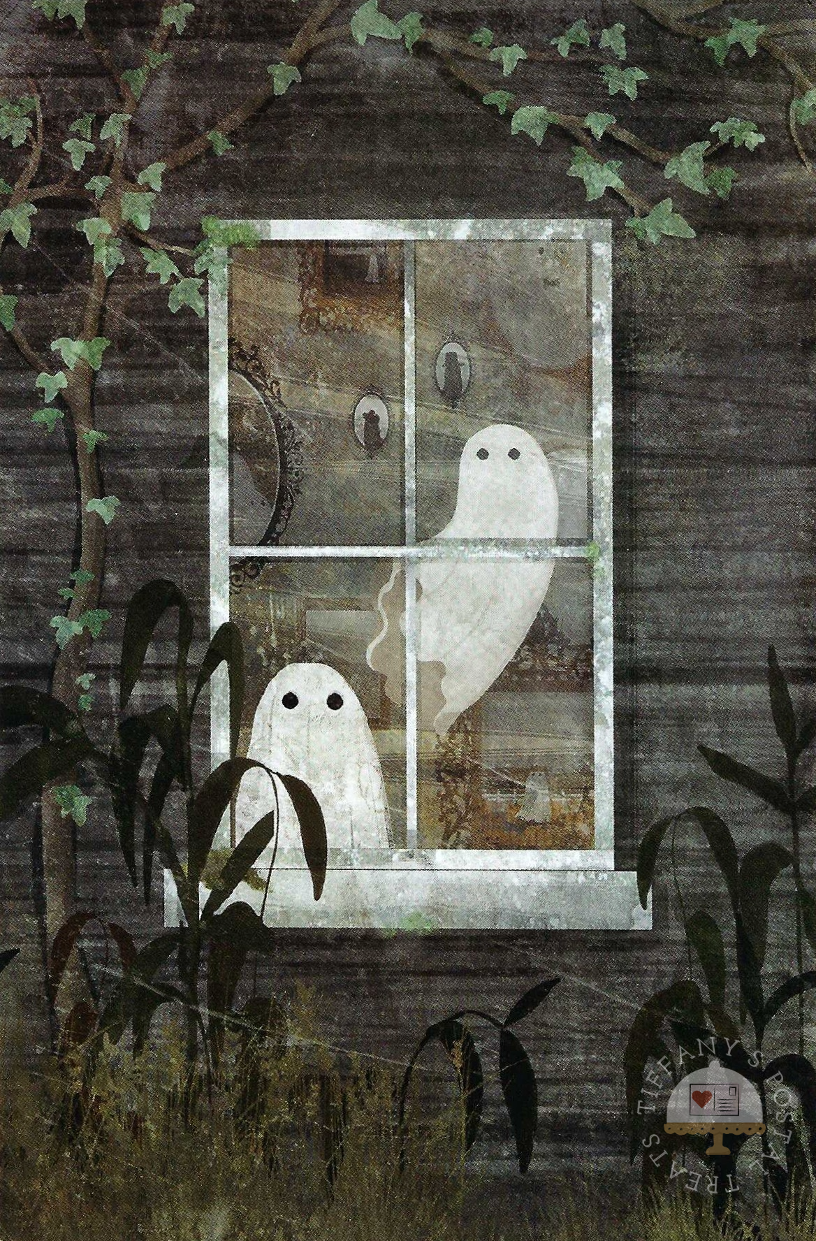 There are Ghosts in the Window Again Postcard by Katherine Blower featuring a spooky illustration of two white ghosts peering out of a window set in a weathered wooden wall with ivy and plants.