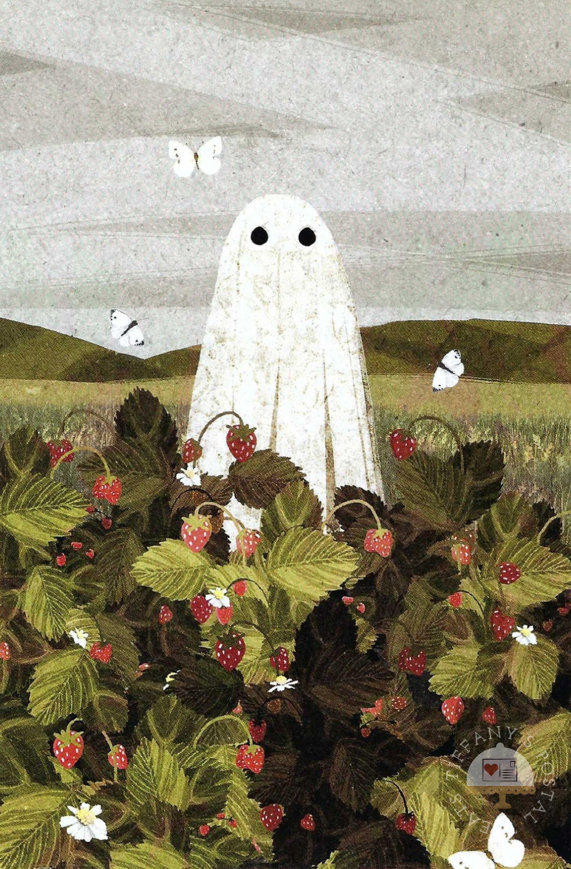 Strawberry Fields Postcard by Katherine Blower showing a white ghost standing in a strawberry field with green leaves and red berries, under a pale sky with butterflies.
