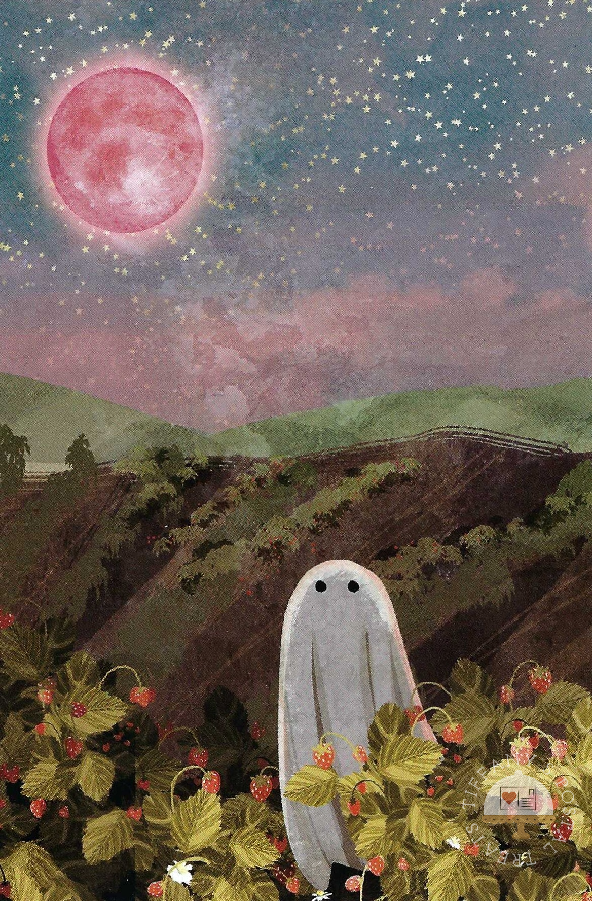 Ghosts of the Moon - Strawberry Moon Postcard by Katherine Blower showing a ghost standing among strawberries under a large pink moon and starry night sky.