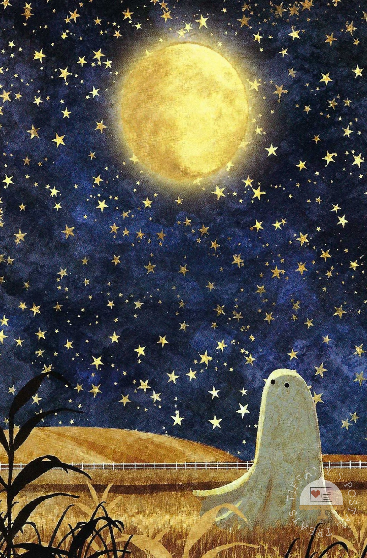 Ghosts of the Moon - Harvest Moon Postcard by Katherine Blower showing a ghost standing in a field at night under a large glowing yellow moon and many stars in a deep blue sky.