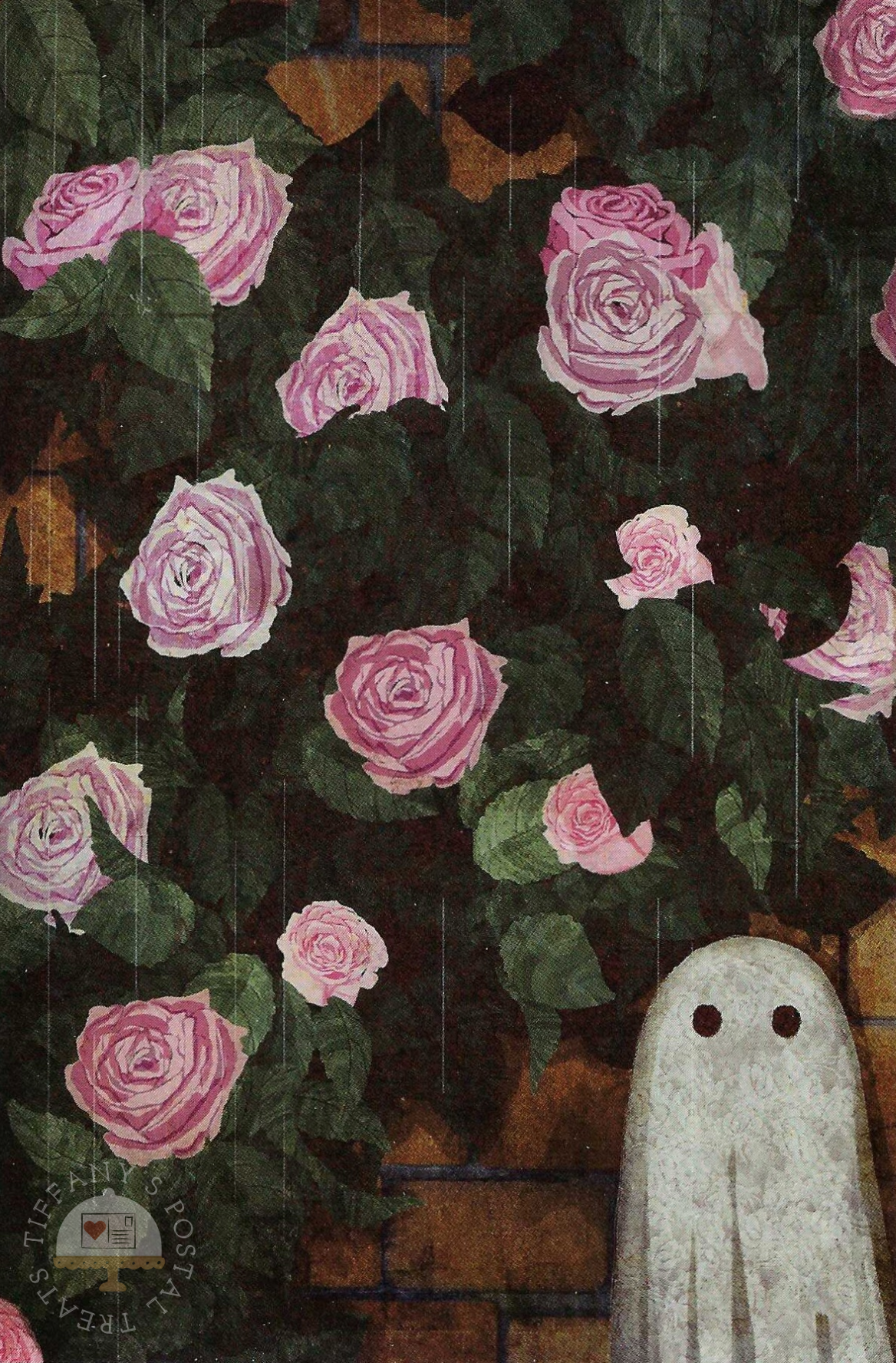 Rose Ghost Postcard by Katherine Blower featuring pink roses climbing over a brick wall, with a ghost in the bottom right corner.