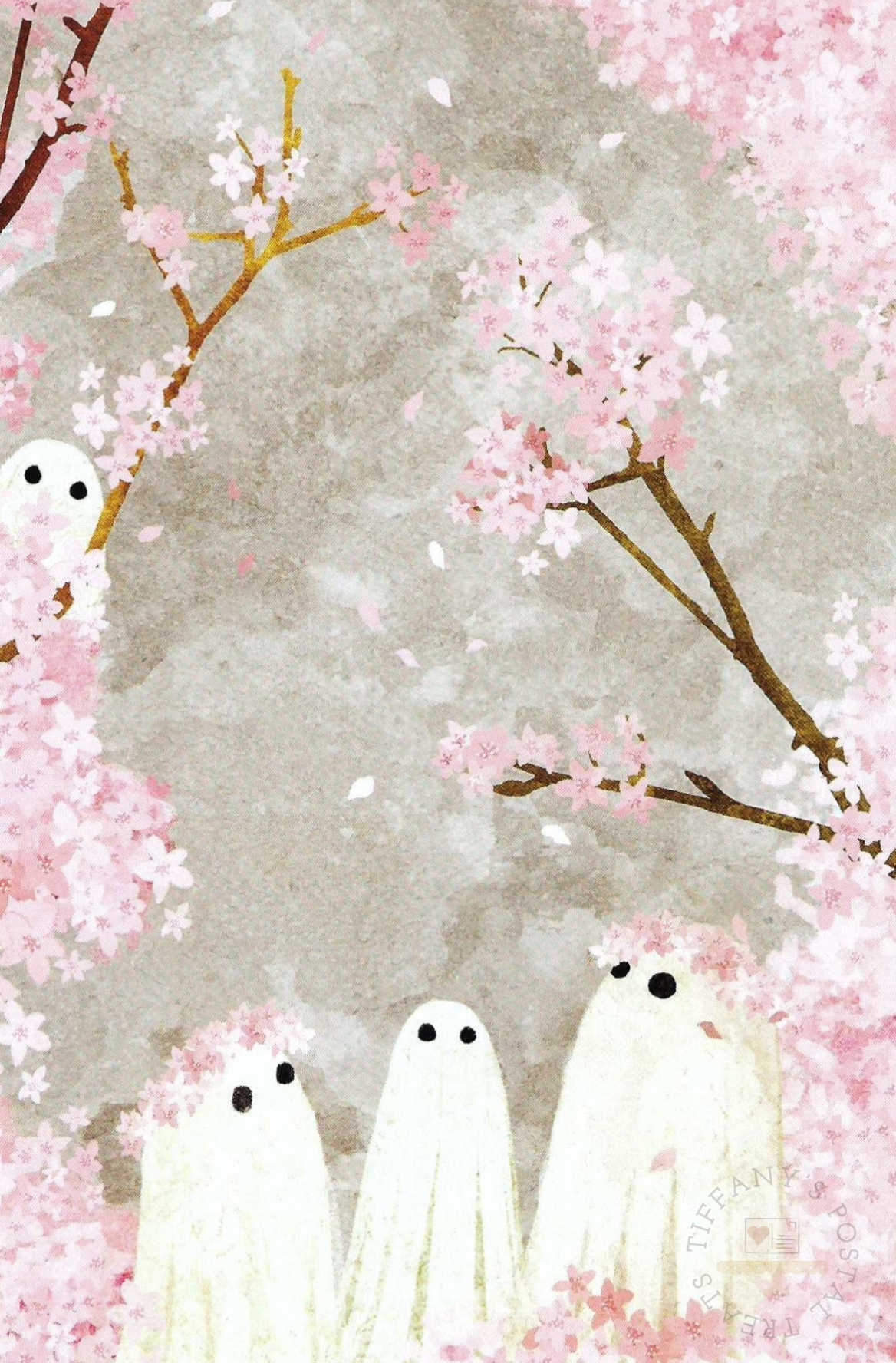 Cherry Blossom Party Postcard by Katherine Blower featuring four white ghosts with black eyes standing among pink cherry blossom branches on a textured light gray background.