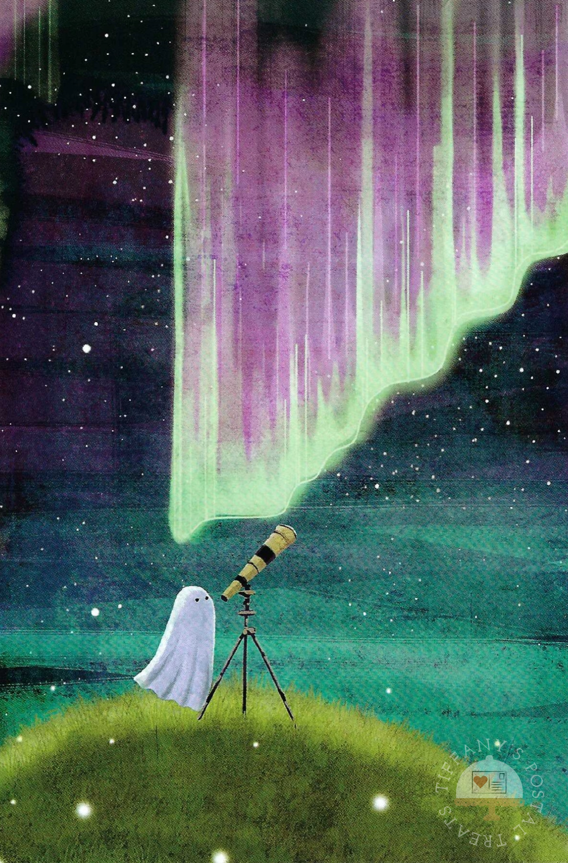 Stargazer Postcard by Katherine Blowerfeaturng a white ghost with a telescope on a grassy hill, looking up at a glowing aurora borealis in shades of green and purple across a starry night sky.