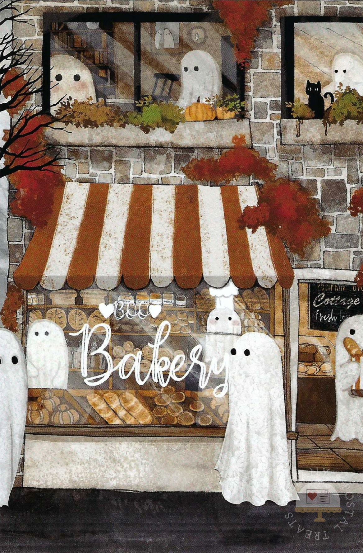 Boo Bakery Postcard by Katherine Blower featuring a cozy bakery storefront with a brown-and-white striped awning, bread displays, and ghosts in and around the bakery. A black cat in in a window.