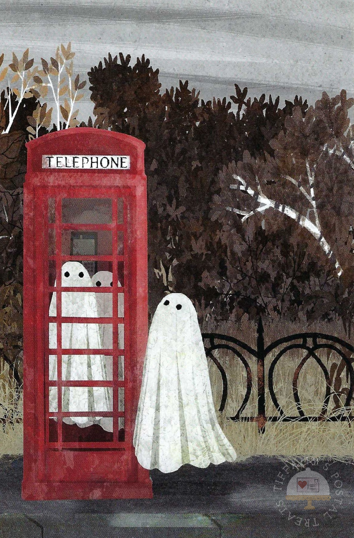 There are Ghosts in the Phone Box Again by Katherine Blower featuring two ghosts in a classic red telephone booth and a ghost outside of the phone booth.