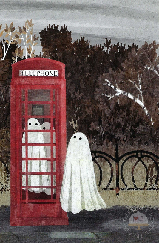 There are Ghosts in the Phone Box Again by Katherine Blower featuring two ghosts in a classic red telephone booth and a ghost outside of the phone booth.