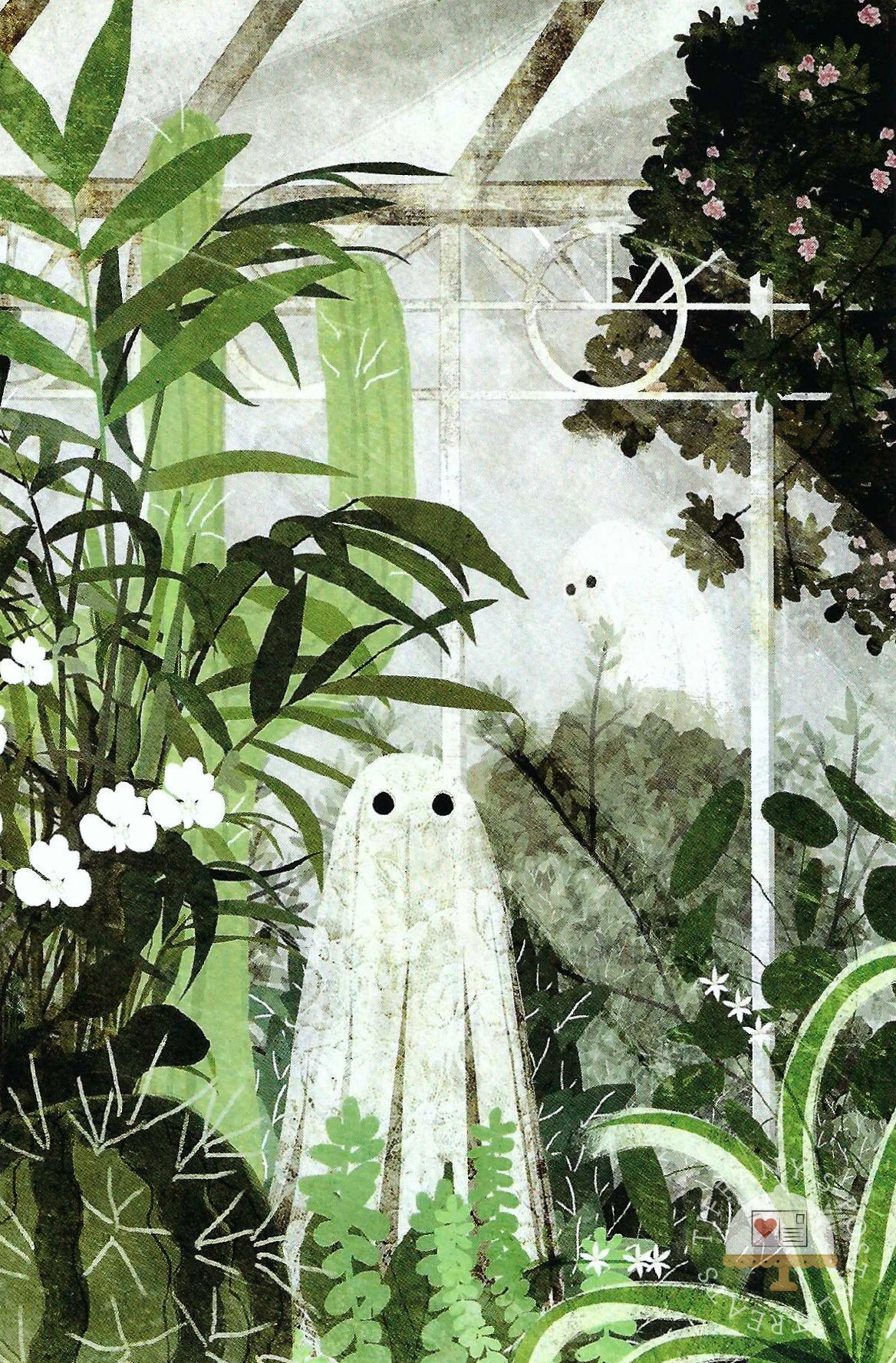 There's A Ghost in the Greenhouse Again Postcard by Katherine Blower featuring an illustrated scene of two ghost figures with large black eyes surrounded by lush green plants and white flowers, framed by a translucent greenhouse-style structure.