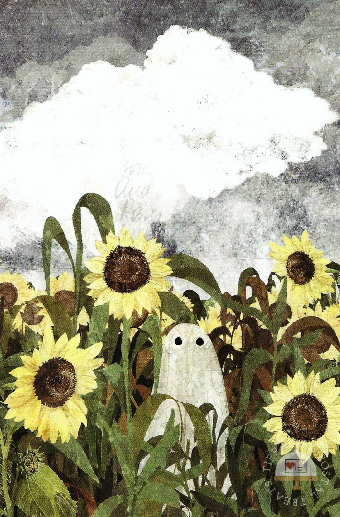 There's A Ghost in the Sunflower Field Again Postcard by Katherine Blower depicting a small white ghost with black eyes peeking out from a field of yellow sunflowers under a large, textured white cloud.