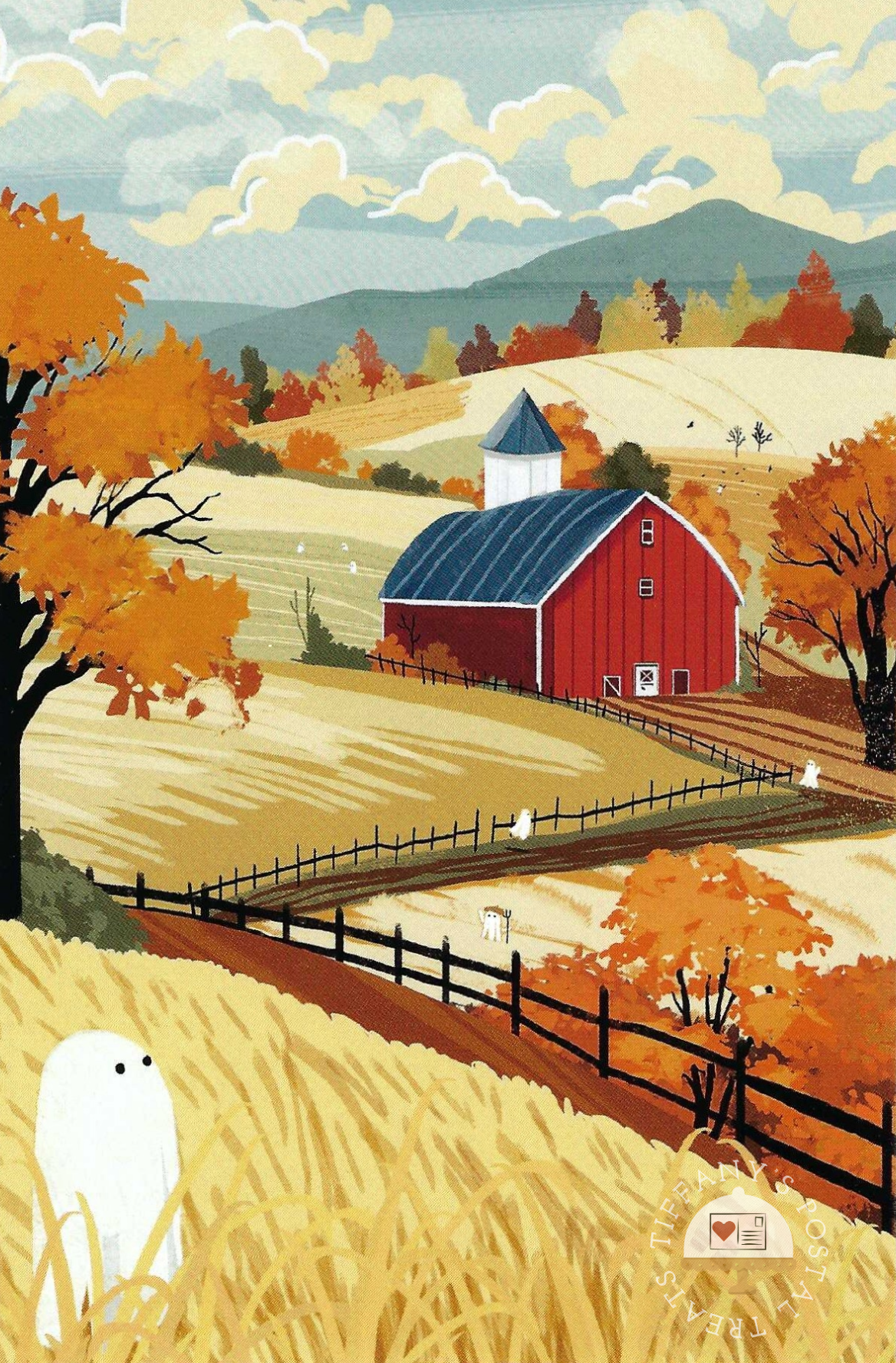 Harvest Home Postcard by Katherine Blower featuring ghosts in an autumn landscape with a red barn, golden fields, orange trees, distant blue-green mountains, and a pale sky with cream clouds. 