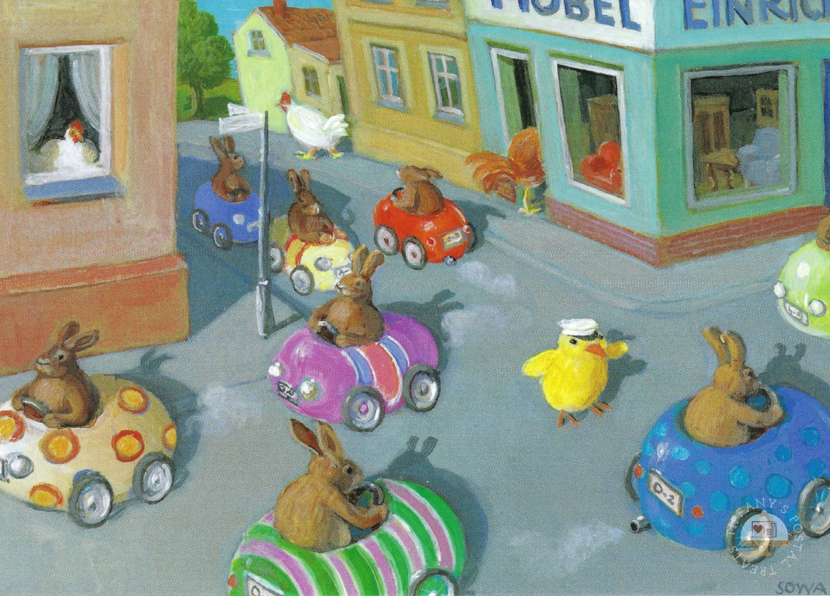 Easter Traffic Postcard by Inkognito featuring bunnies driving colorful cars on a street with chicks and chickens and buildings.