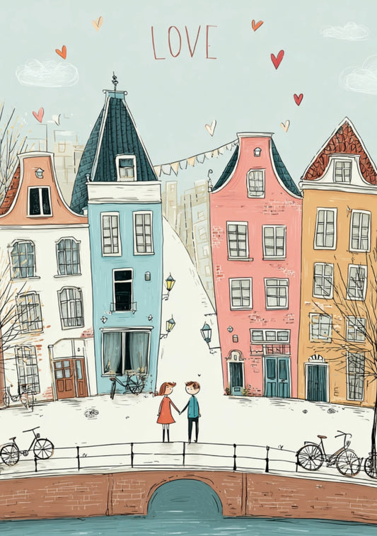 Love Lives Here Postcard by Fripperies featuring an illustration of a couple holding hands on a bridge with colorful buildings and 'LOVE' text above.