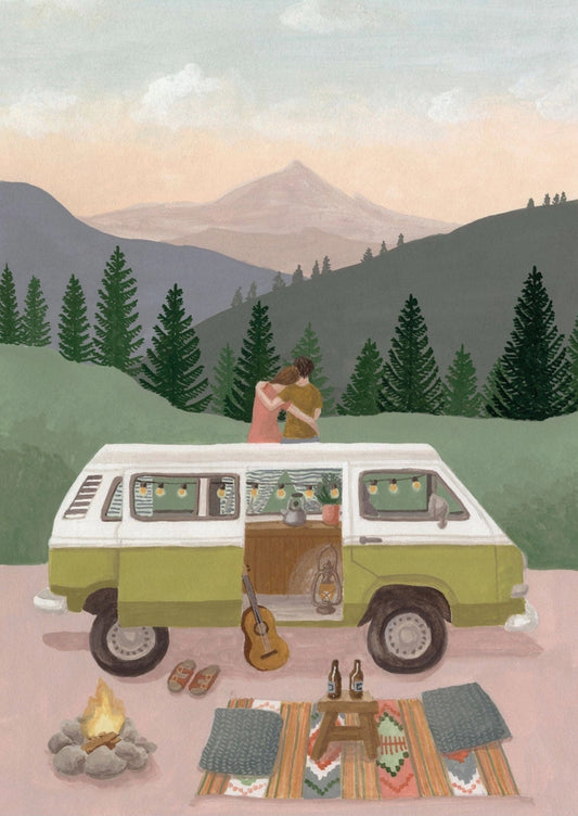 Van Life Postcard by Melanie Voituriez featuring a couple sitting on a van looking at the sunset and mountain view at a campsite.