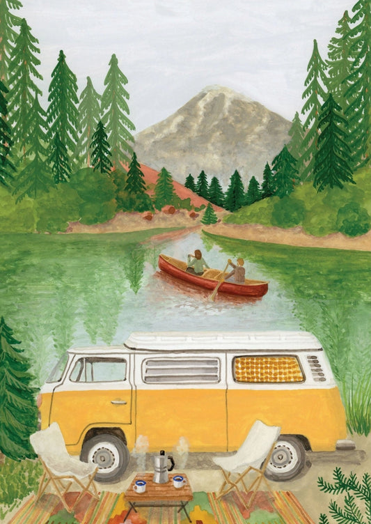 Campervan and Canoeing Postcard by Mélanie Voituriez featuring a yellow van, people canoeing, and a mountainous landscape with trees.