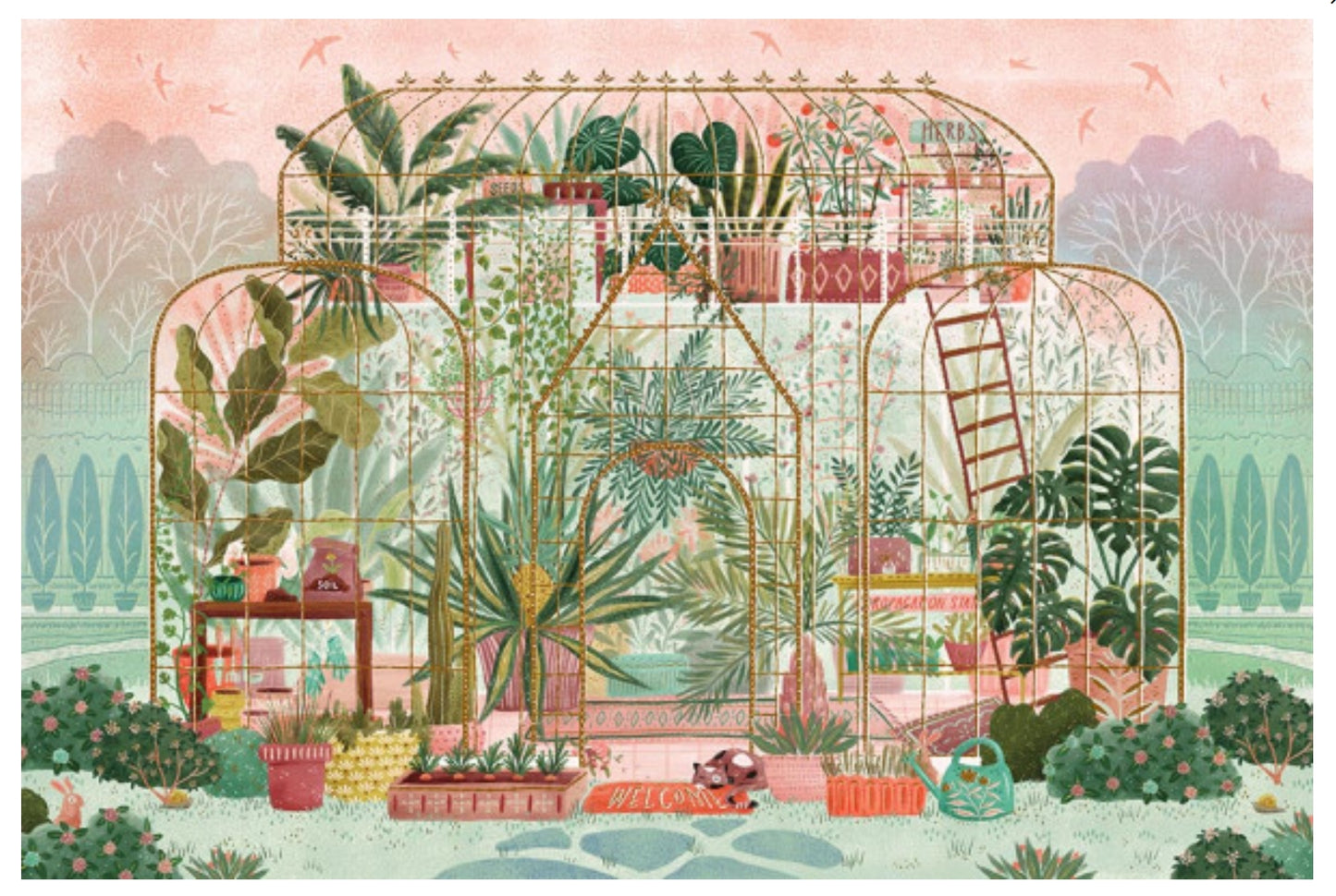Verdant Greenhouse Postcard by Lantern Press featuring a whimsical botanical illustration of a large greenhouse filled with tropical plants, flowers, and small garden furnishings, set against a soft pink sky and distant trees.