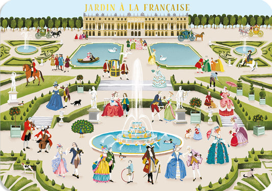 Versailles Garden Postcard by Cartes d'Art featuring an illustration of a French garden with people in period clothing and fountains.