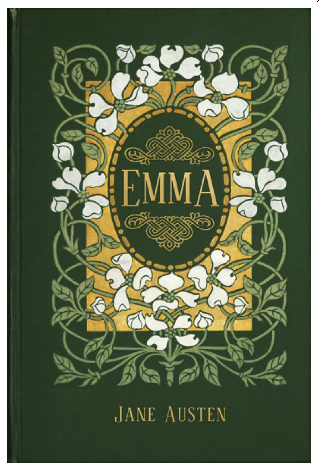 Vintage Book Cover - Emma - Jane Austin - Postcard by Lantern Press featuring Jane Austen's Emma, with a dark green cover with an Art Nouveau style design. The cover has a gold central panel framed by white blossoms and green leaves, with the title 'EMMA' in gold and the author's name 'JANE AUSTEN' printed in gold at the bottom.