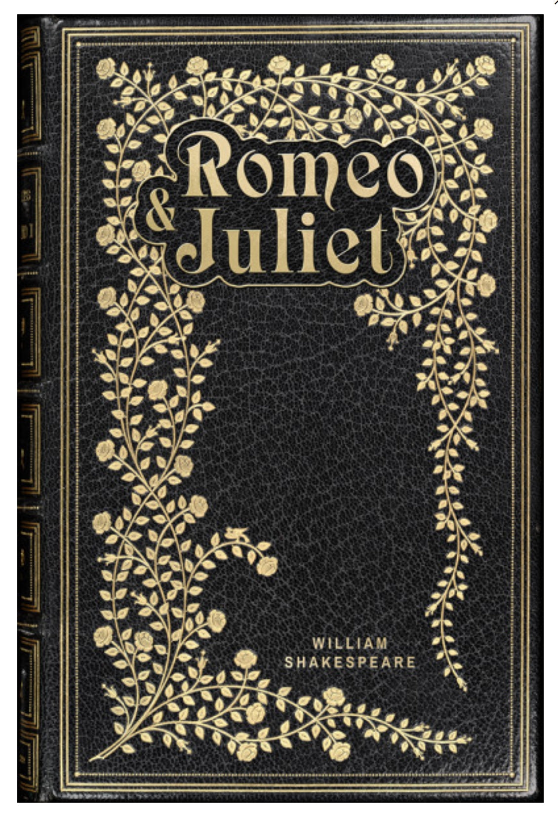 Vintage Book Cover Postcard - Romeo and Juliet - William Shakespeare by Lantern Press featuring a textured black cover with ornate gold floral border detailing and gold lettering.