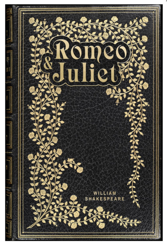 Vintage Book Cover Postcard - Romeo and Juliet - William Shakespeare by Lantern Press featuring a textured black cover with ornate gold floral border detailing and gold lettering.