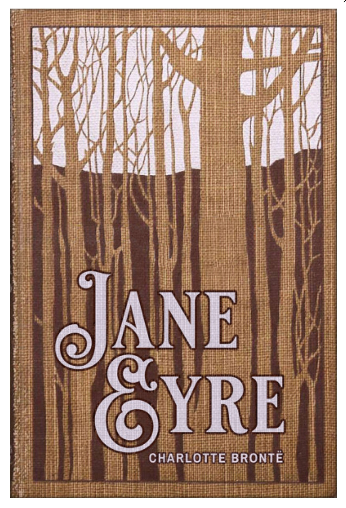 Vintage Book Cover Postcard - Jane Eyre - Charlotte Bronte by Lantern Press featuring a stylized forest of bare trees in brown and beige tones with the title in large decorative white lettering and the author name below.
