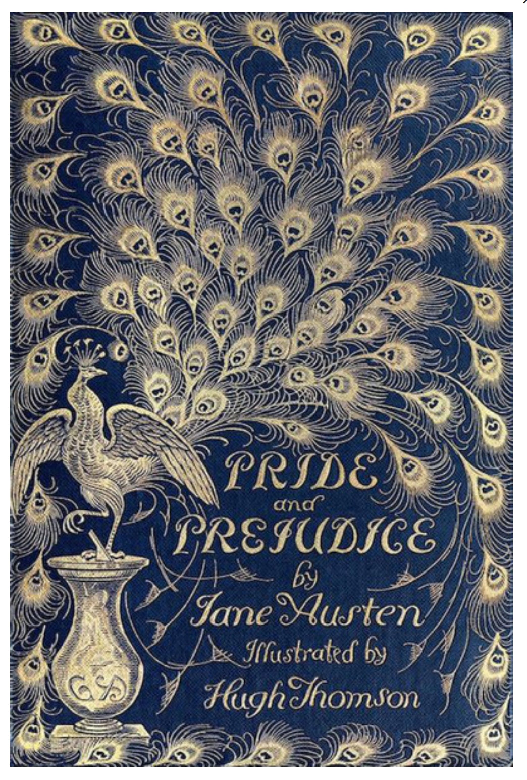 Lantern Press Postcard featuring a vintage book cover of 'Pride and Prejudice' with peacock feather design