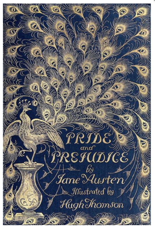 Lantern Press Postcard featuring a vintage book cover of 'Pride and Prejudice' with peacock feather design