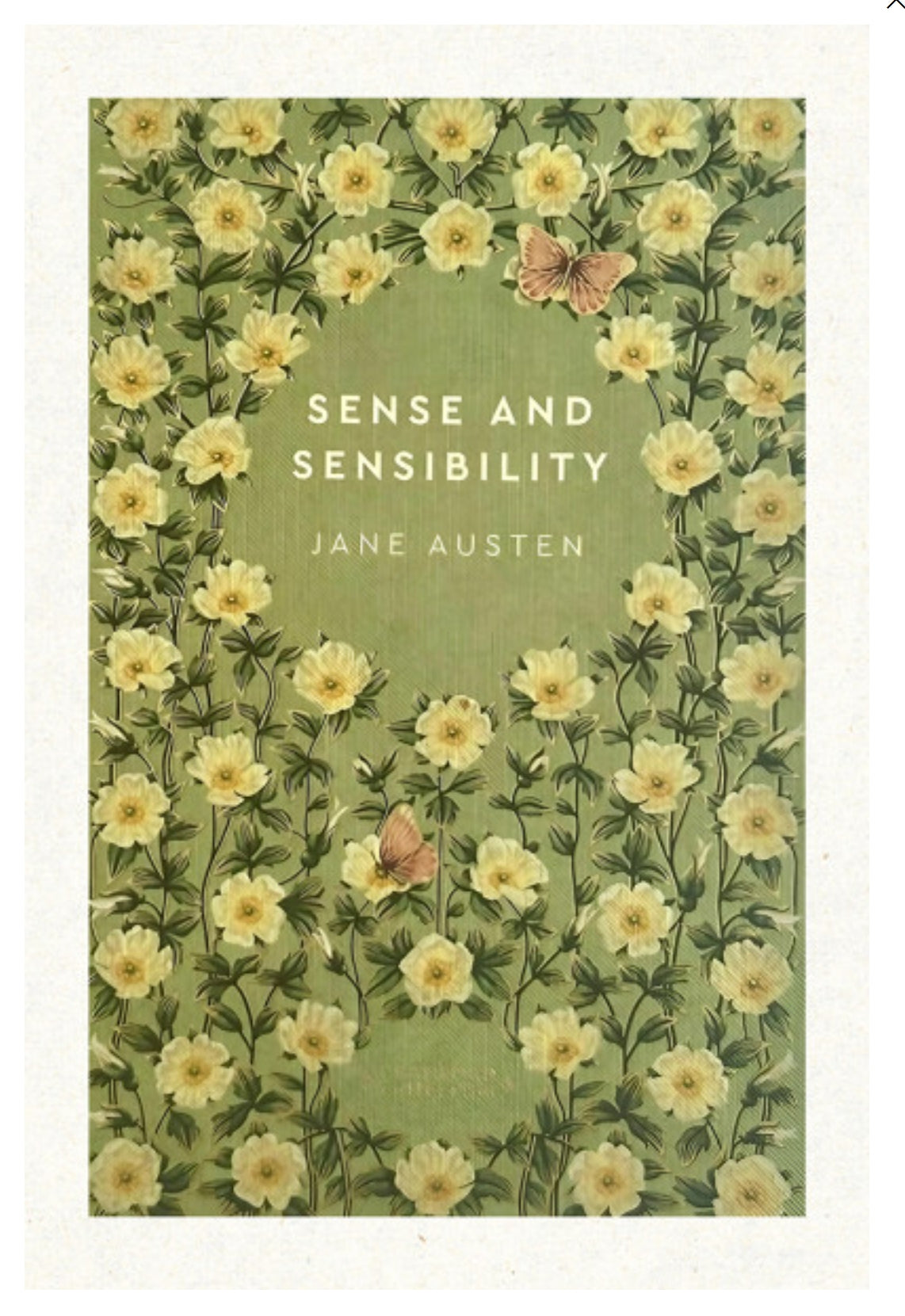 Vintage Book Cover Postcard - Sense and Sensibility - Jane Austen by Lantern Press featuring a sage green background covered in a border of pale yellow flowers and two butterflies, with the title and author name in white text.