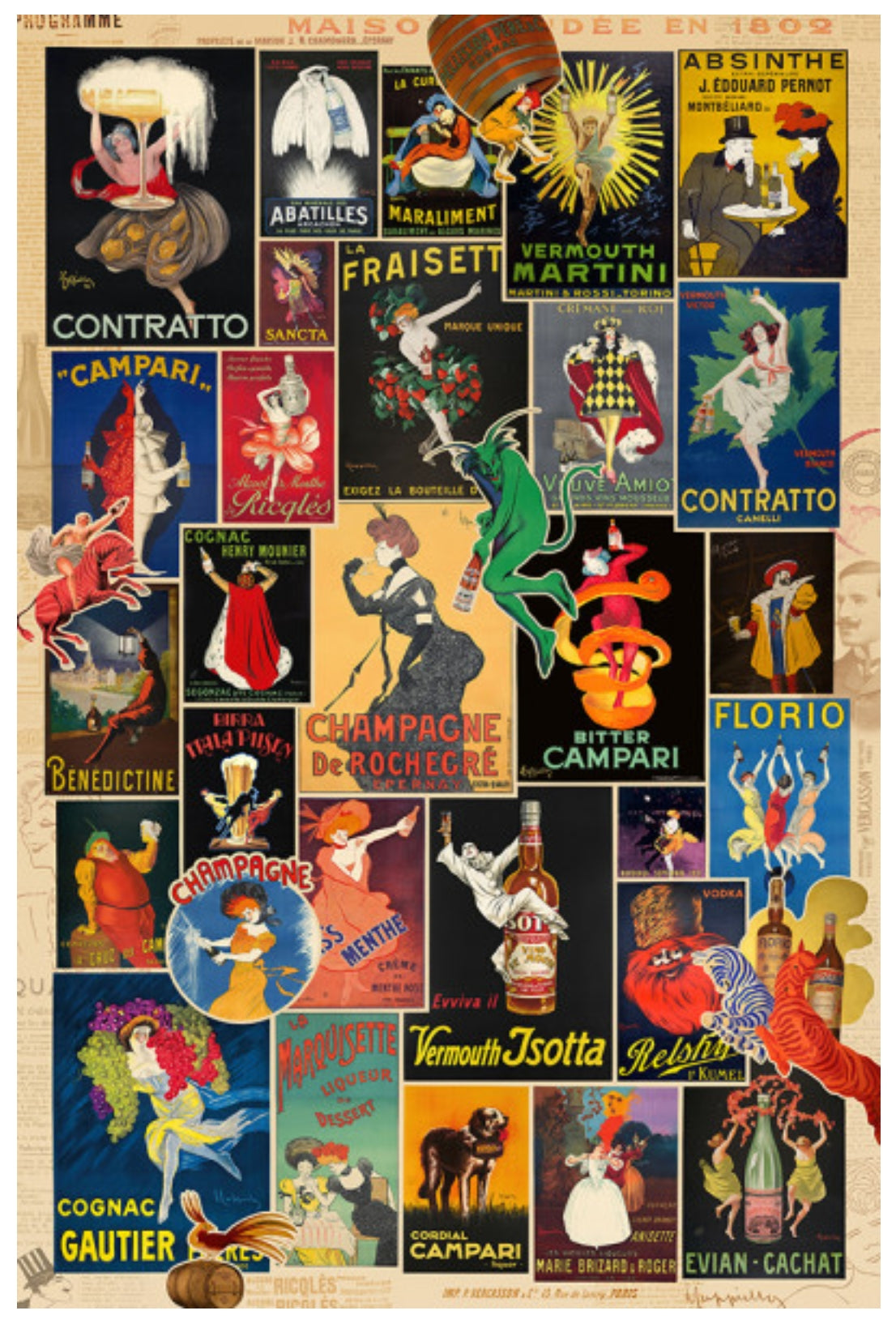 Vintage Spirits Postcard by Leonetto Cappiello - Lantern Press featuring multiple colorful advertising panels of vintage spirits with illustrated figures, text labels, and decorative elements on a beige background.