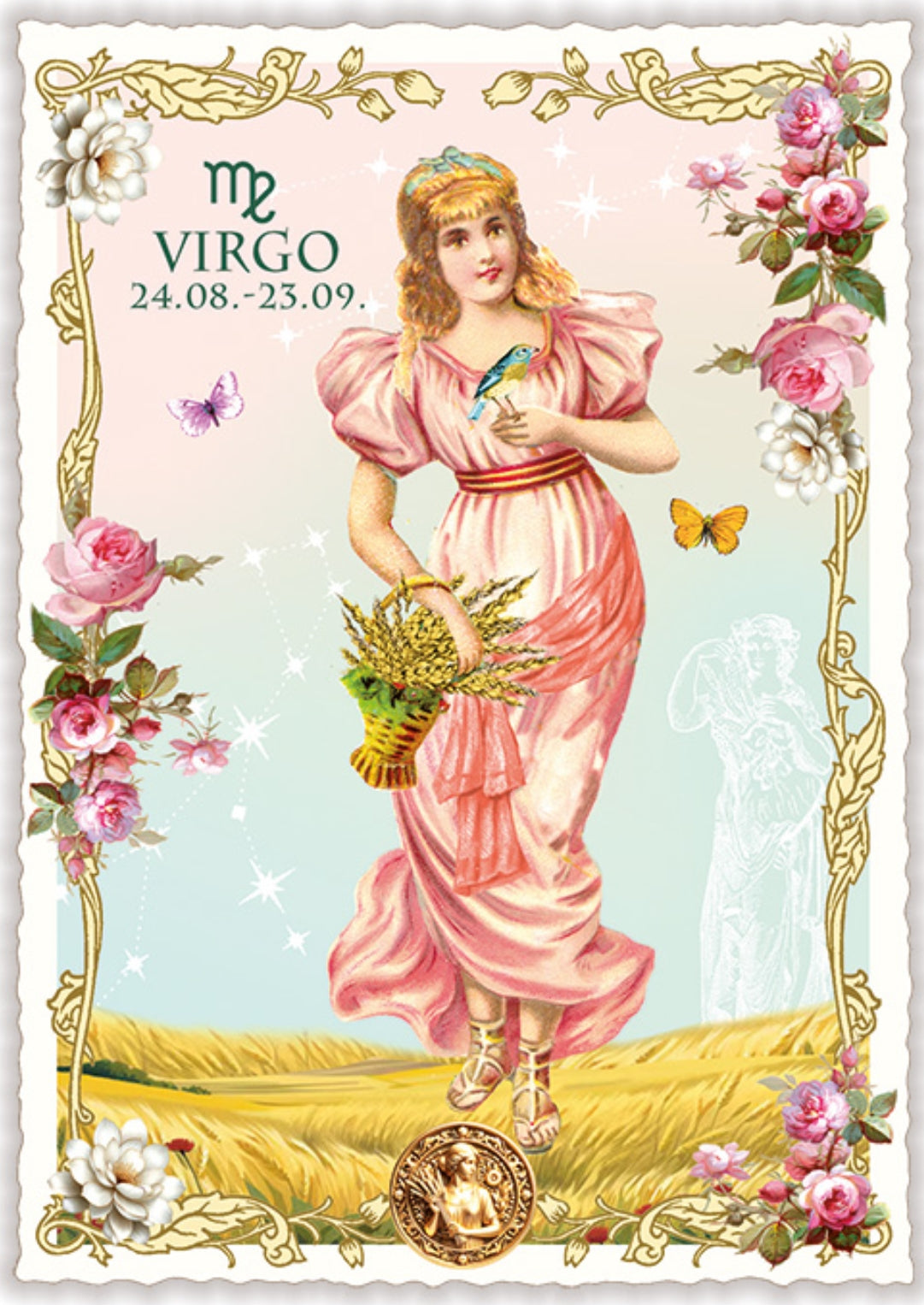 Virgo Zodiac Sign Postcard by Edition Tausendschön featuring a vintage-style illustration of a woman in a pink dress with flowers and butterflies, representing the Virgo zodiac sign.