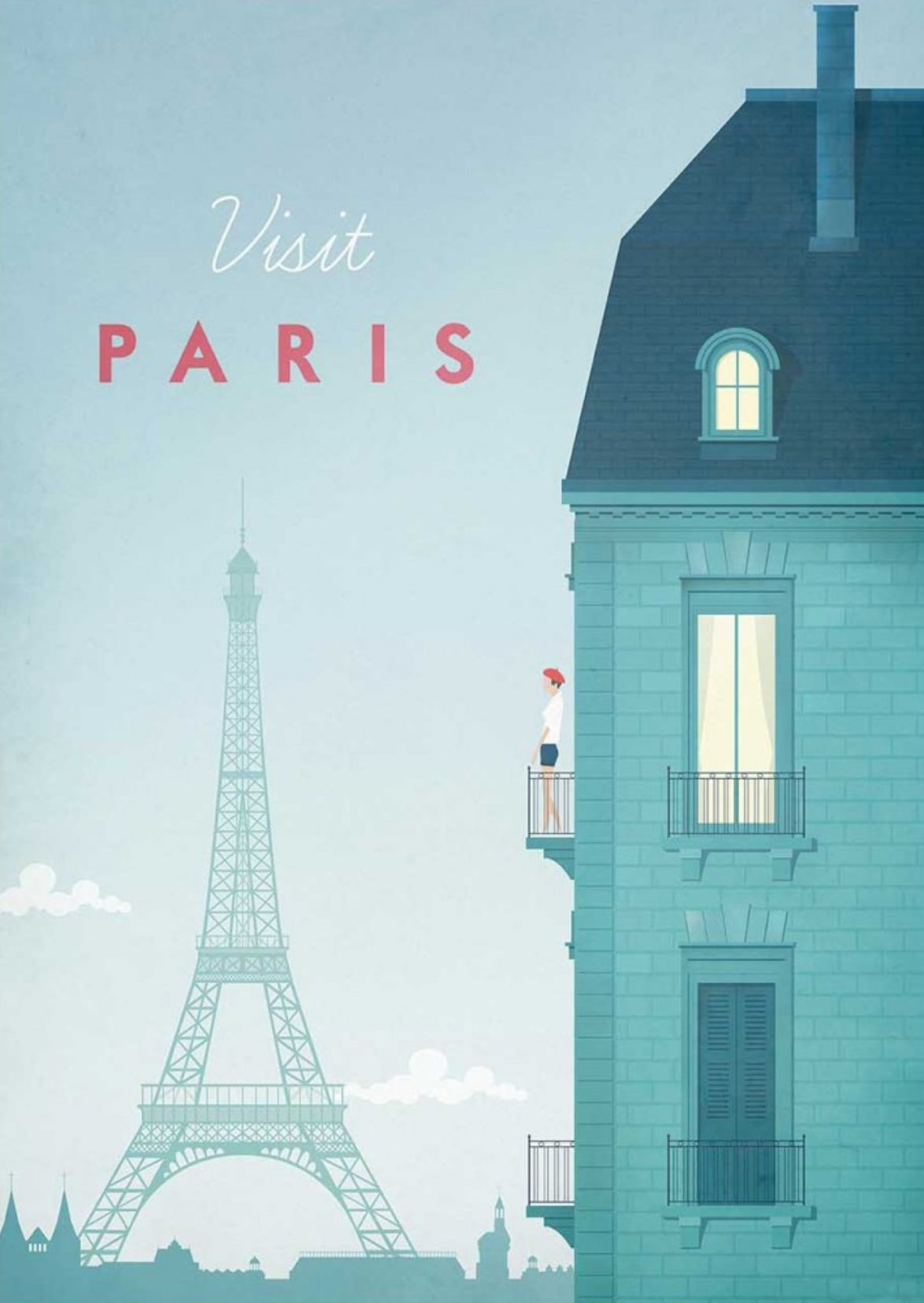 Visit Paris Postcard by Henry Rivers featuring an illustration with Eiffel Tower and house silhouette on light blue background