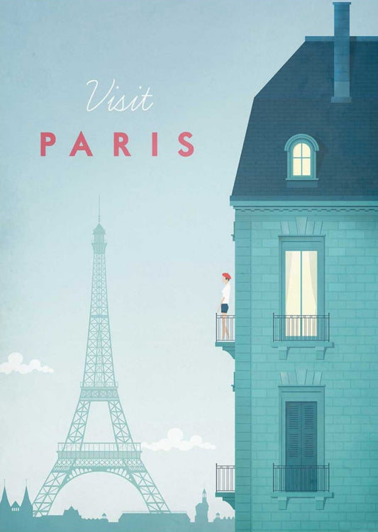 Visit Paris Postcard by Henry Rivers featuring an illustration with Eiffel Tower and house silhouette on light blue background