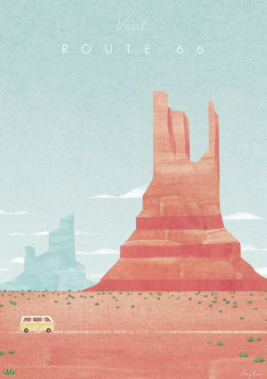 Visit Route 66 Postcard by Henry Rivers featuring a desert landscape with a van and rock formations, featuring 'Visit Route 66' text.