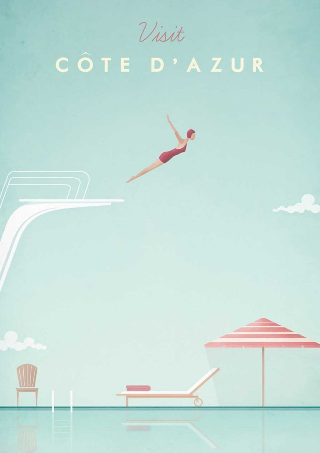 Visit Côte d'Azur Postcard by Henry Rivers featuring an illustration of a woman diving into water with lounge chairs and an umbrella on a light blue background, featuring 'Visit Cote d'Azur'.