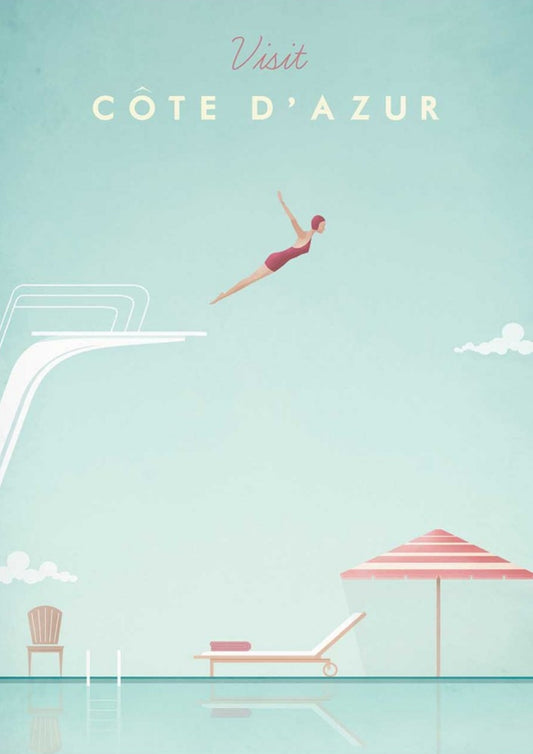 Visit Côte d'Azur Postcard by Henry Rivers featuring an illustration of a woman diving into water with lounge chairs and an umbrella on a light blue background, featuring 'Visit Cote d'Azur'.