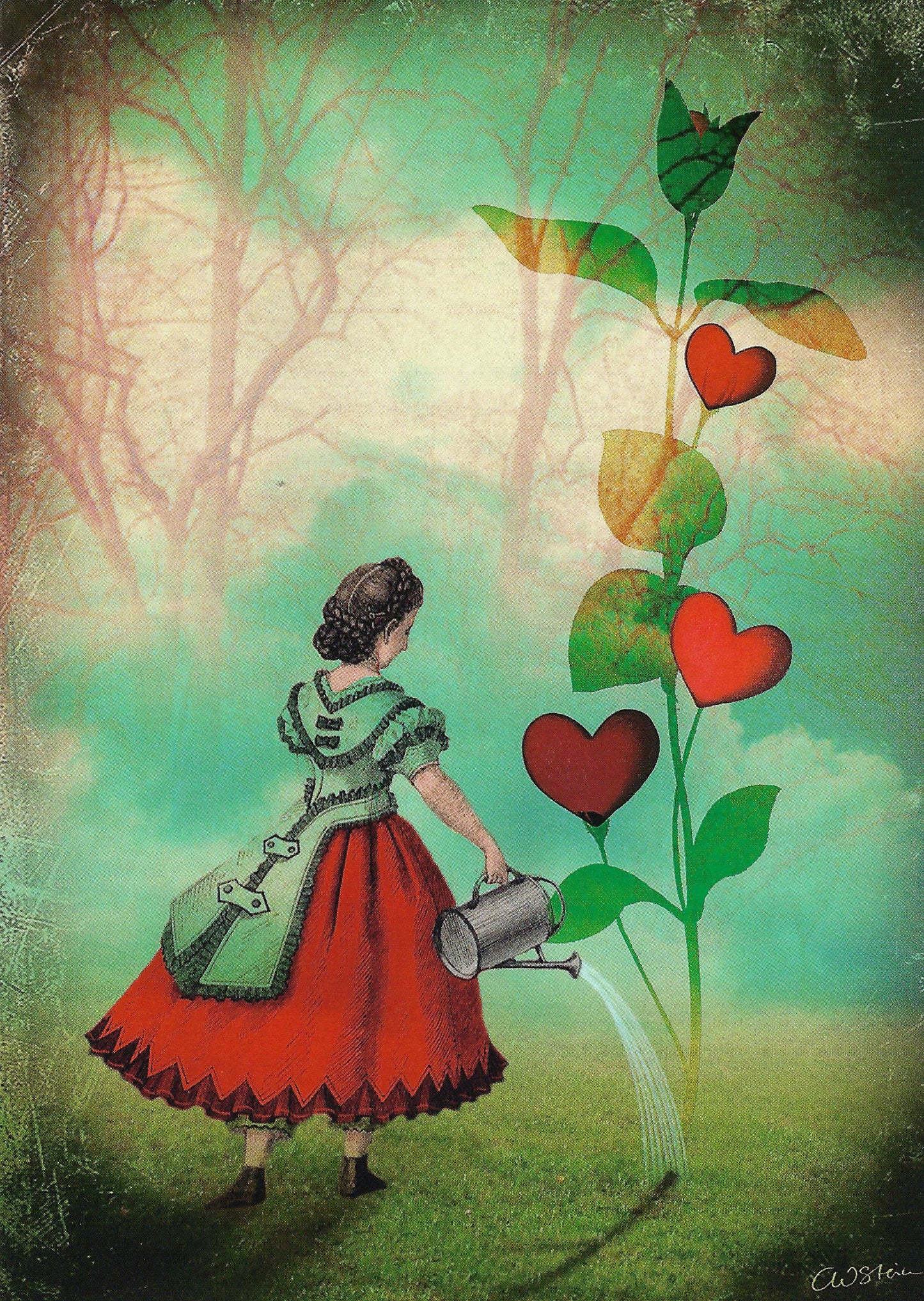 The Seeds of Love by Catrin Welz-Stein featuring an illustration of a girl watering a plant with heart-shaped leaves in a stylized forest setting.