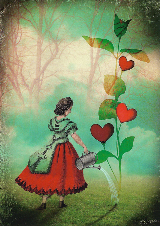 The Seeds of Love by Catrin Welz-Stein featuring an illustration of a girl watering a plant with heart-shaped leaves in a stylized forest setting.