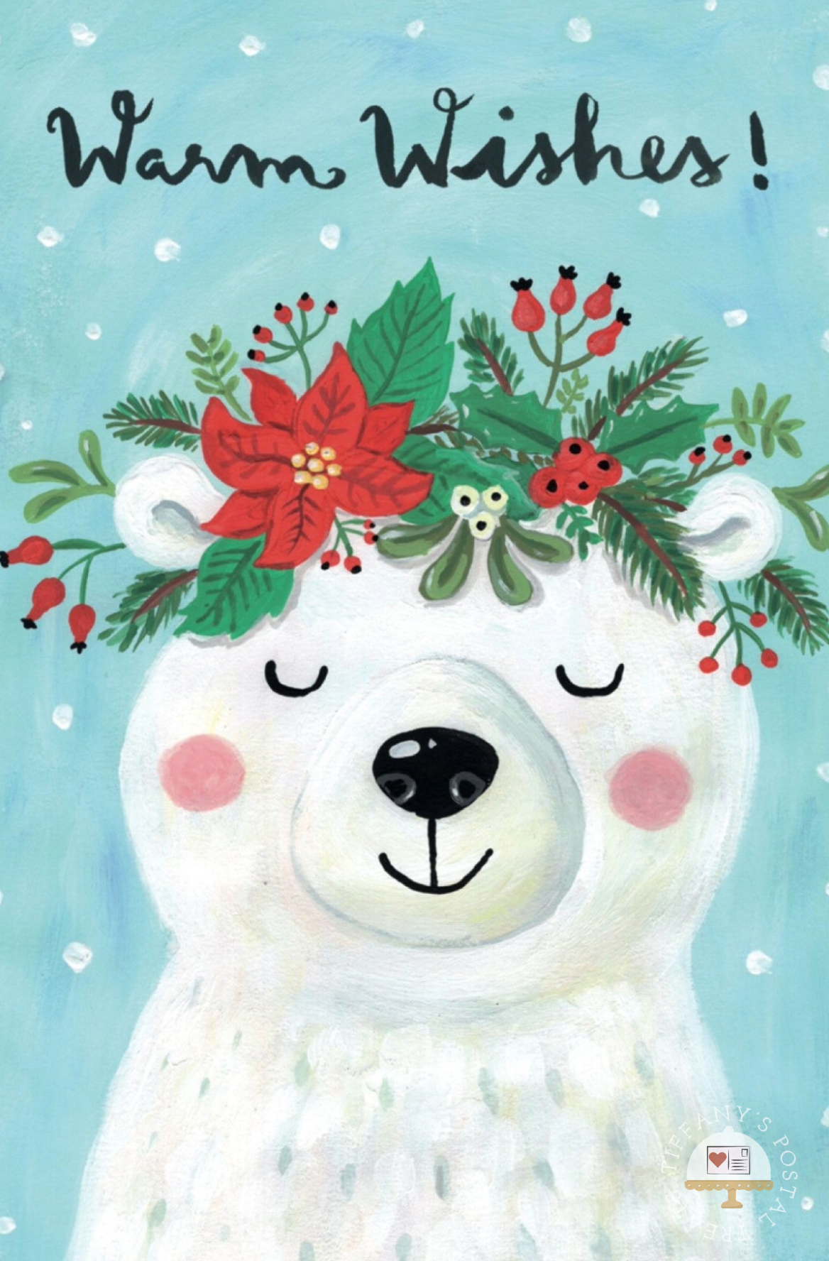 Warm Wishes Postcard by Inkognito featuring a Polar bear with floral headband and 'Warm Wishes!' text on a blue snowy background.