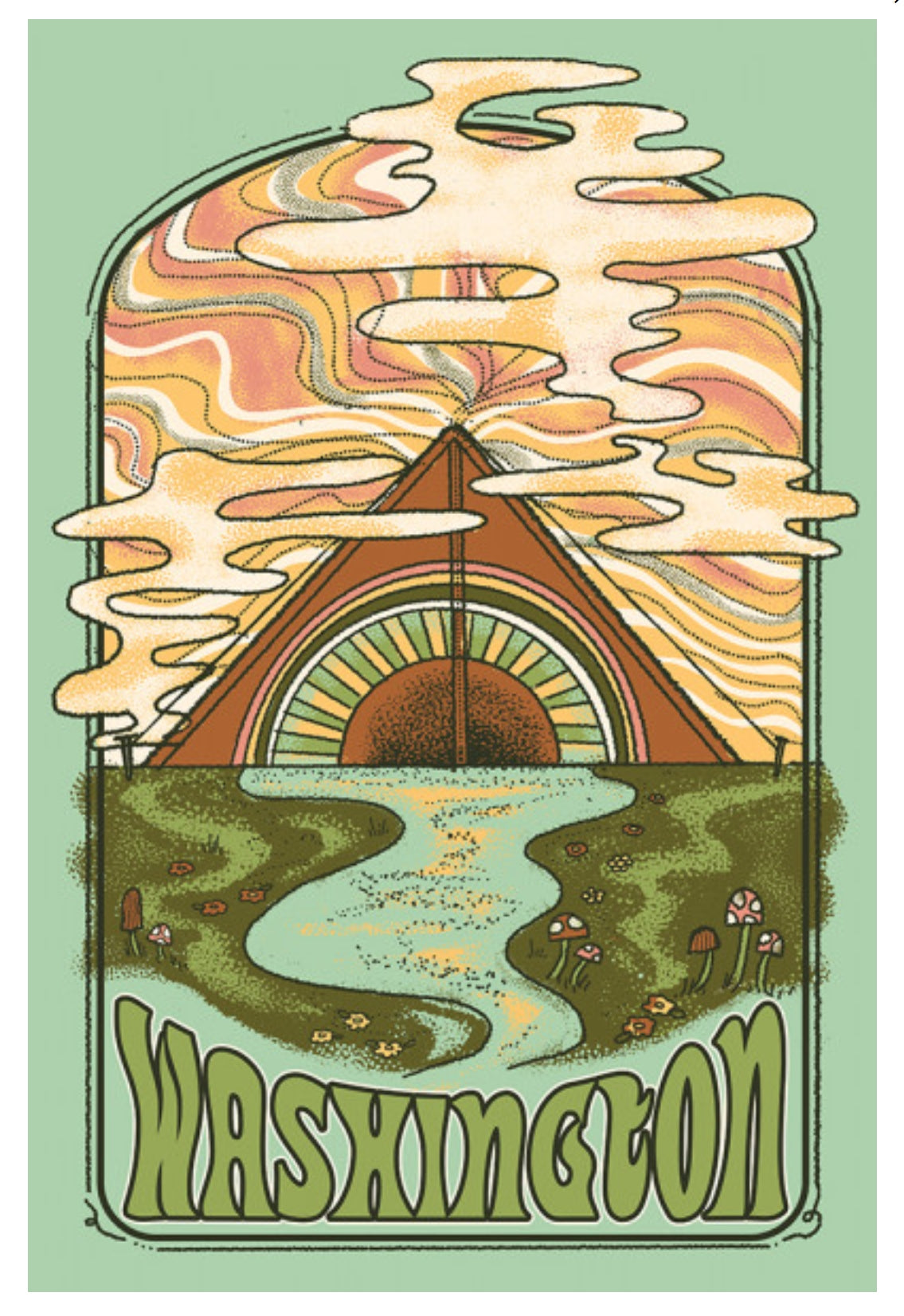 Lantern Press Washington Postcard featuring an illustration of a tent and river with mushrooms and a groovy vibe.