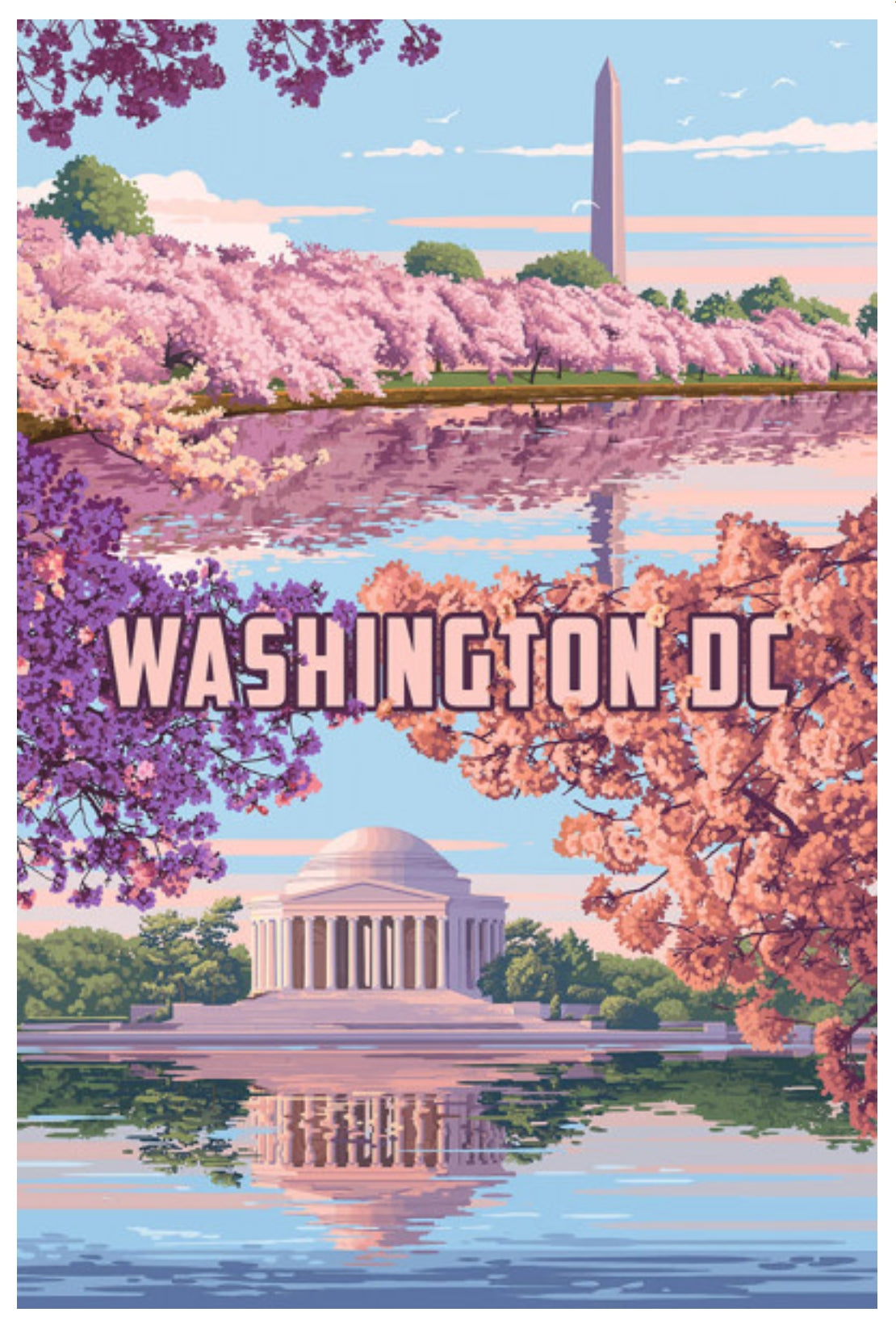 Lantern Press Postcard featuring an illustration of Washington DC with cherry blossoms and famous landmarks.