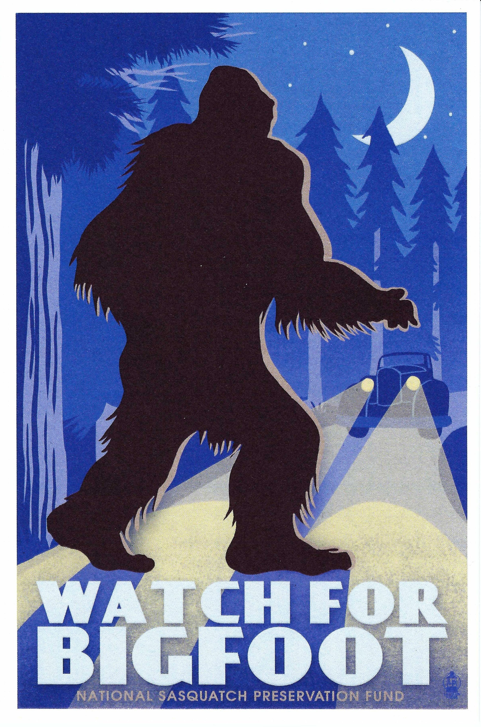 Watch for Bigfoot postcard by Lantern Press featuring a silhouette of Bigfoot in a forest