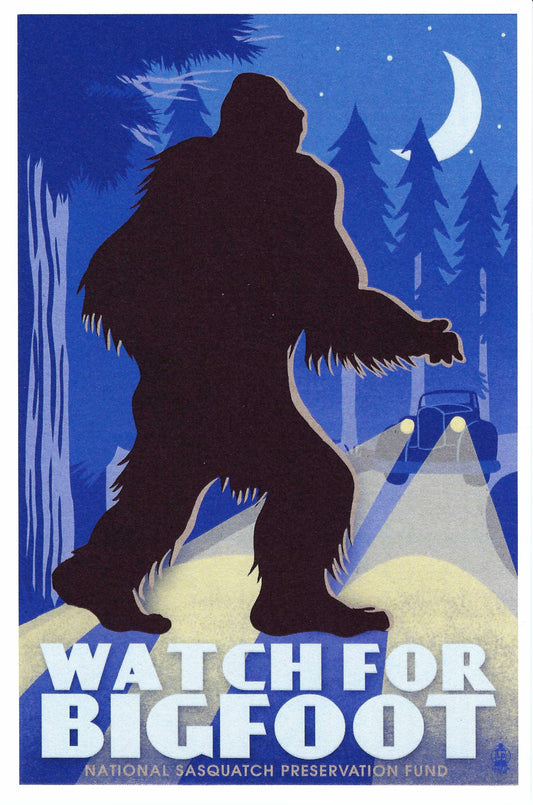 Watch for Bigfoot postcard by Lantern Press featuring a silhouette of Bigfoot in a forest