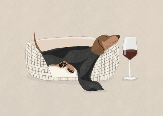 Weekend Plans Dog Postcard by Nobis Design featuring an illustrated scene of a dachshund lying stretched out in a white basket with a black-and-white checkered pattern, next to a wine glass with red wine, on a beige background.