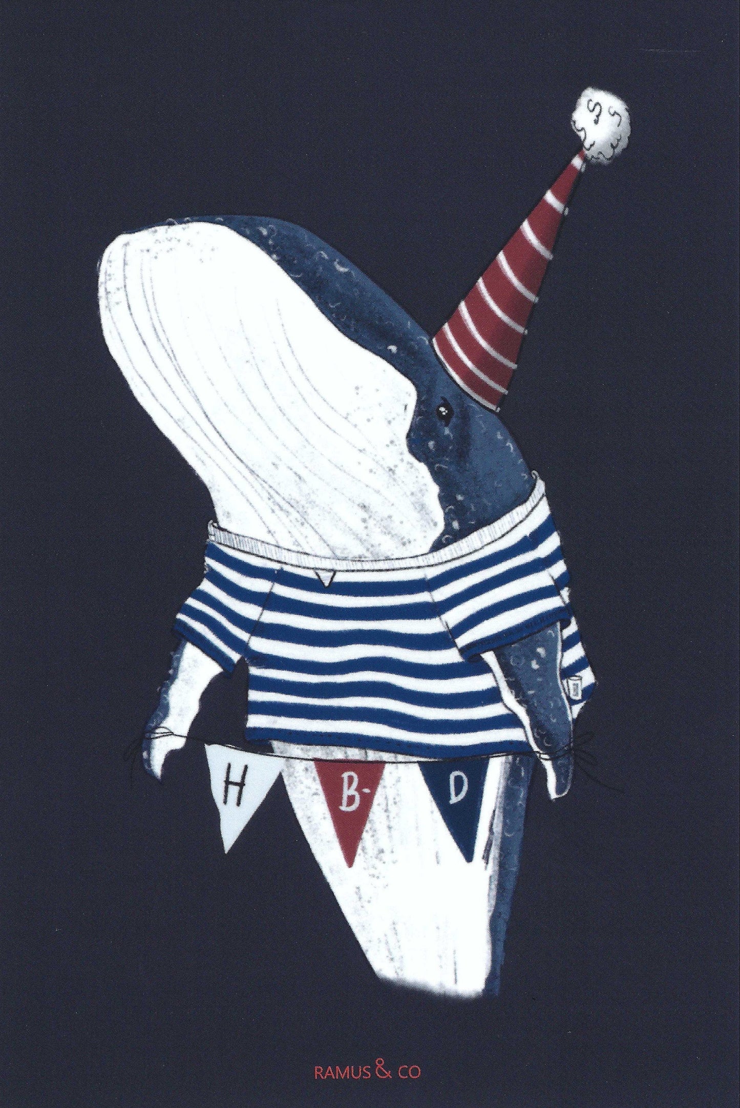 Happy Birthday Whale Postcard by Ramus & Company featuring an illustration of a whale wearing a striped shirt and party hat with a Happy Birthday sign