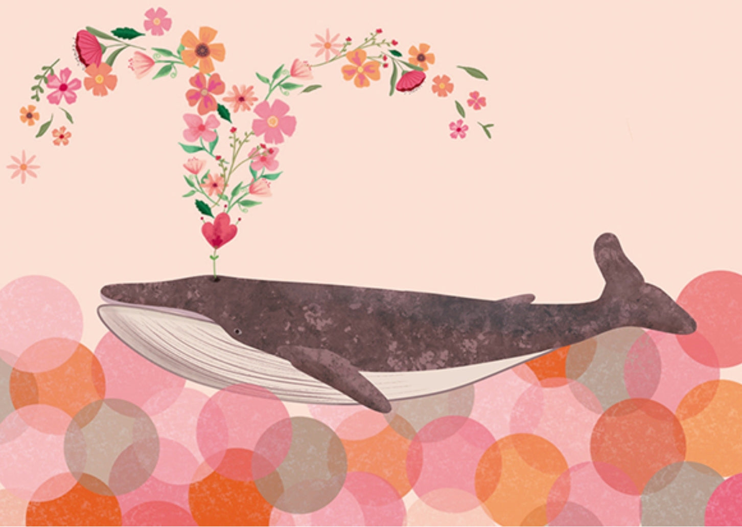 Whale in the Bubble Sea Postcard by Nobis Design featuring an illustration of a whale blowing flowers from its blowhole above a sea of colorful bubbles on a pink background.