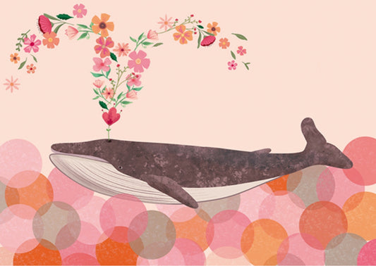 Whale in the Bubble Sea Postcard by Nobis Design featuring an illustration of a whale blowing flowers from its blowhole above a sea of colorful bubbles on a pink background.