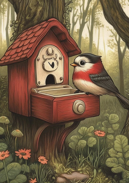 Cuckoo in the Clearing Bird Postcard by Fripperies featuring a red birdhouse with a bird perched on it in a forest setting