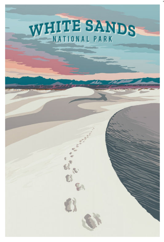 White Sands National Park postcard by Lantern Press – painterly desert landscape in soft pastel tones, featuring New Mexico’s iconic white dunes.