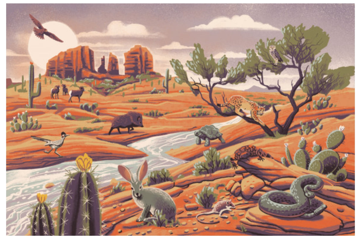 Wildlife Utopia - Desert Landscape Postcard by Lantern Press featuring a desert landscape illustration with cacti, a stream, a rabbit, a snake, a javelina, big horn sheep, birds, and rock formations under a pale sky.