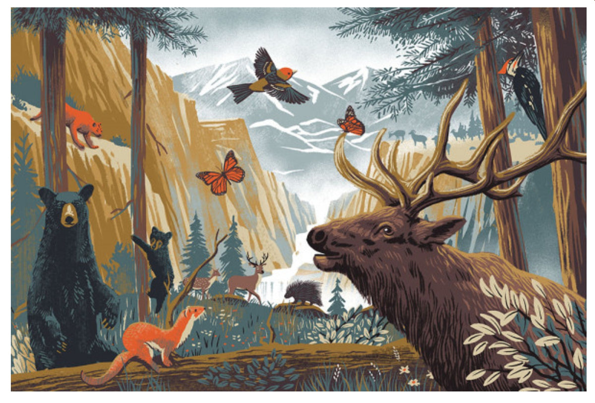Wildlife Utopia - Forest Postcard by Lantern Press featuring a large elk in the foreground, a black bear and smaller bears on the left, butterflies, birds, and mountains in the background.